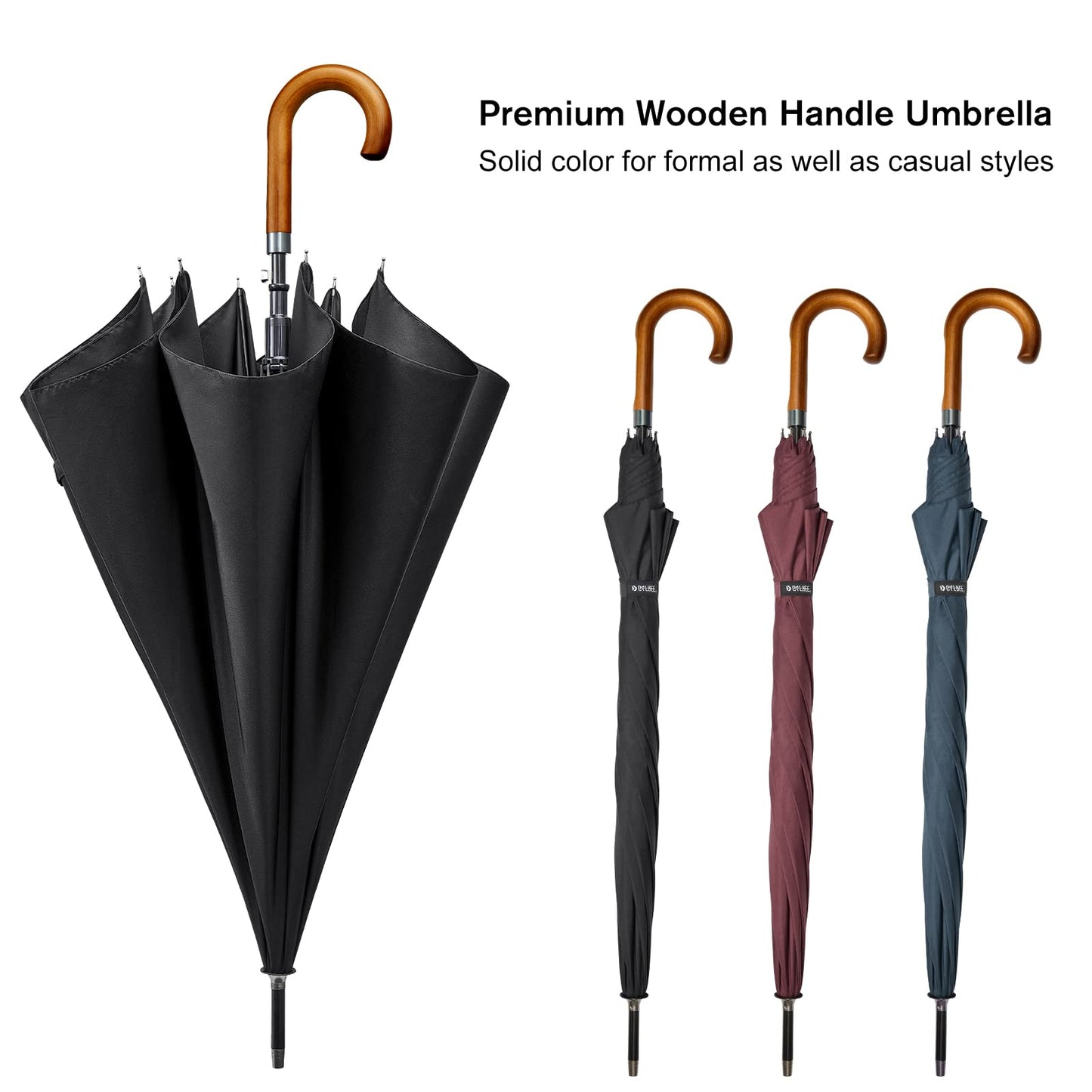 G4Free Wooden J Handle Umbrella 54 Inch Large Auto Open Classic Windproof Rain Stick Umbrellas